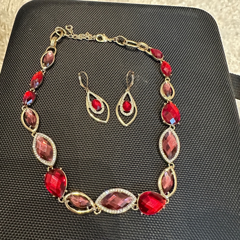 Anne Klein Gold-Tone Necklace & Earrings with Red Crystal Accents